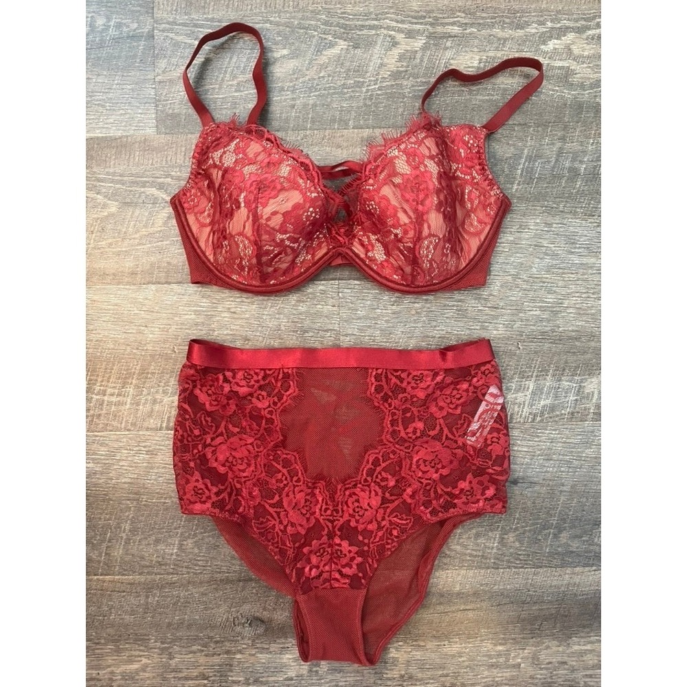 Adore Me Dark Red Lace Lingerie Set Bra 34D and Panties Small Mesh Lace Up